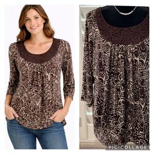 Pull on 3/4 sleeve embroidered on top blouse